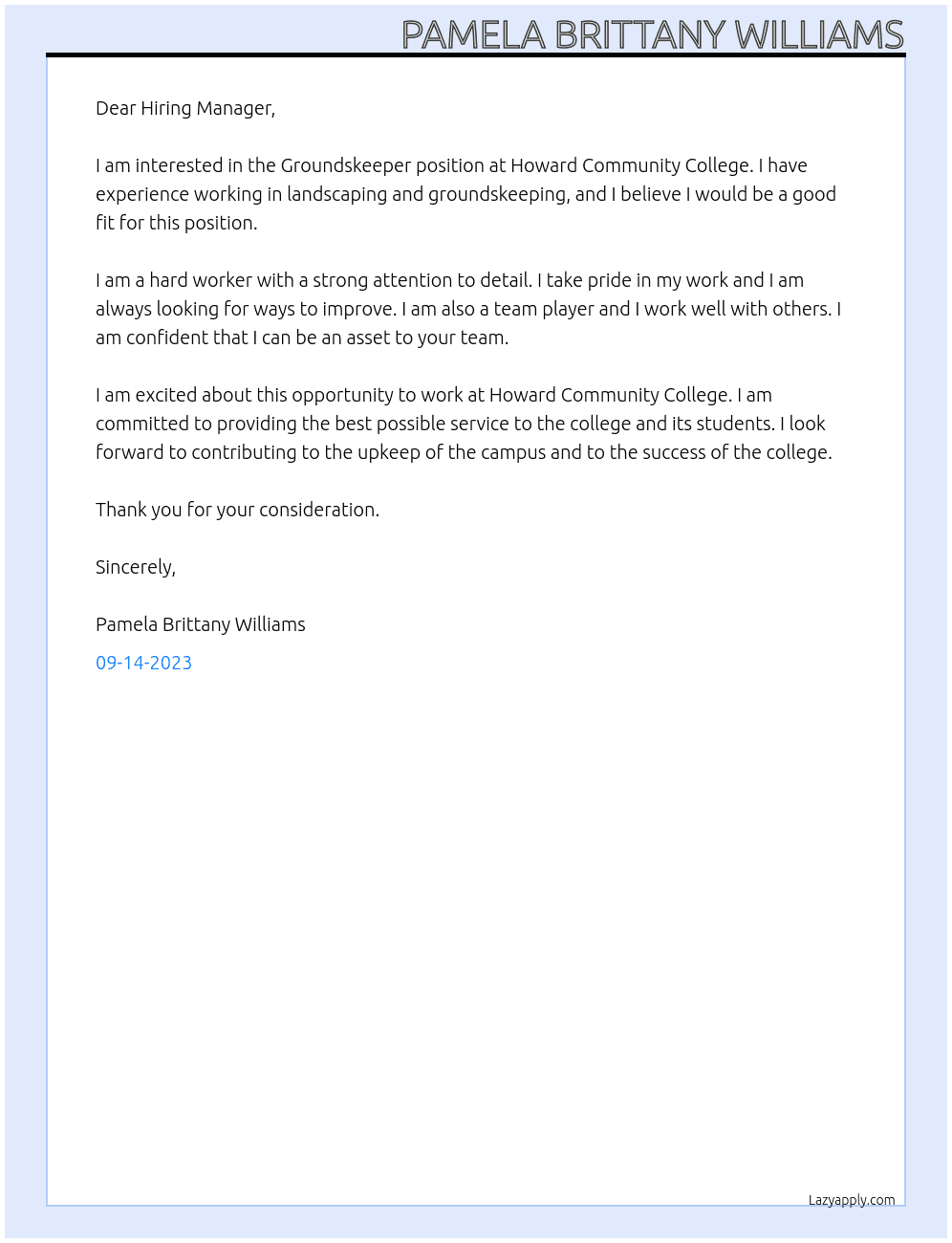 Groundskeeper At Howard Community College Cover Letter