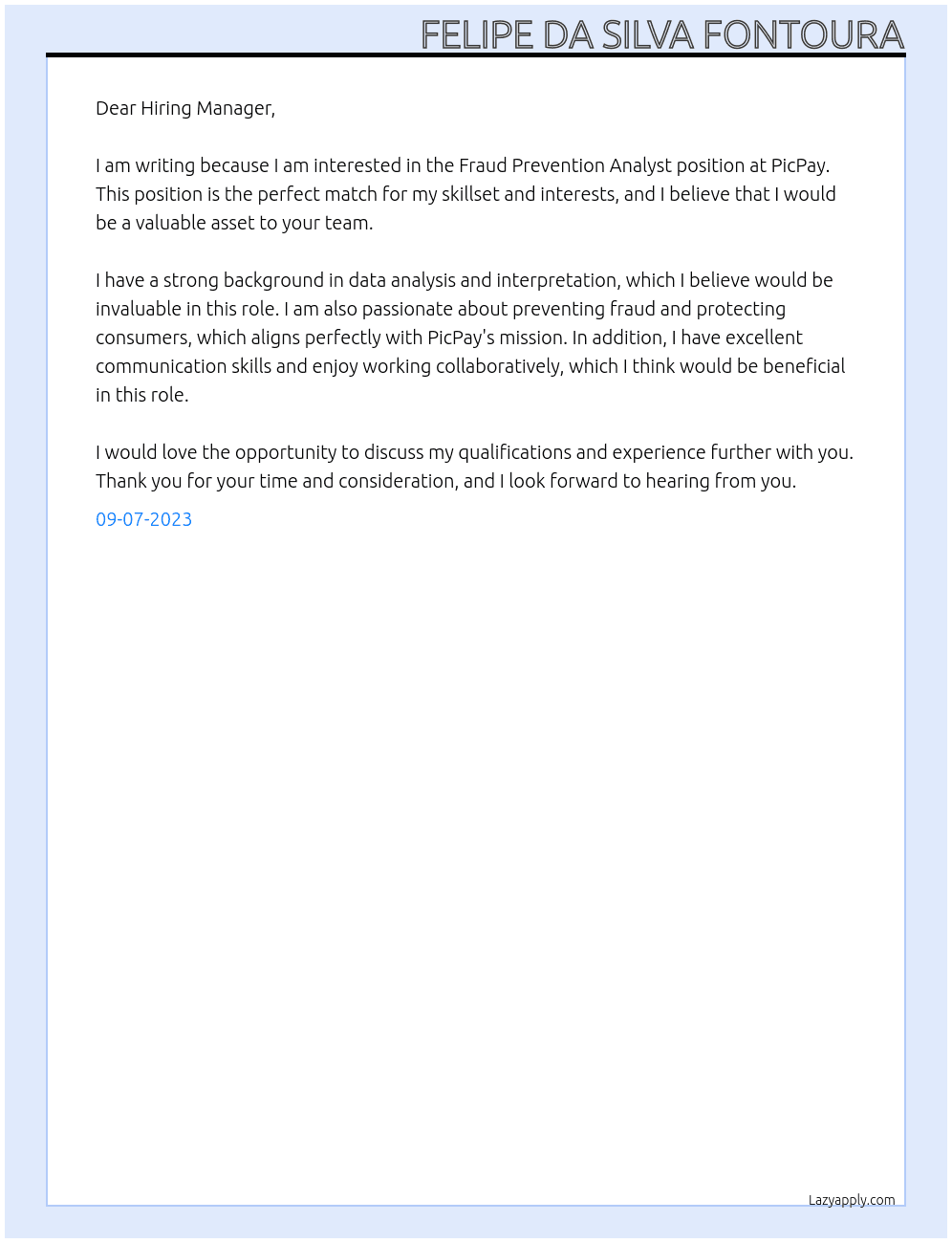 Fraud Prevention Analyst At PicPay Cover Letter