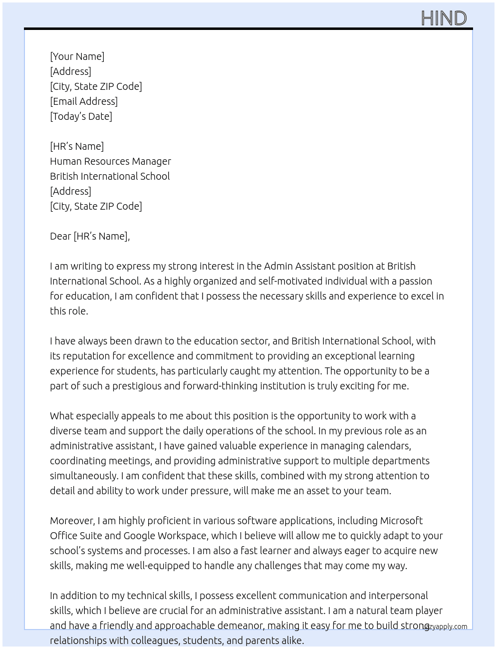 Admin Assistant At British International School Cover Letter