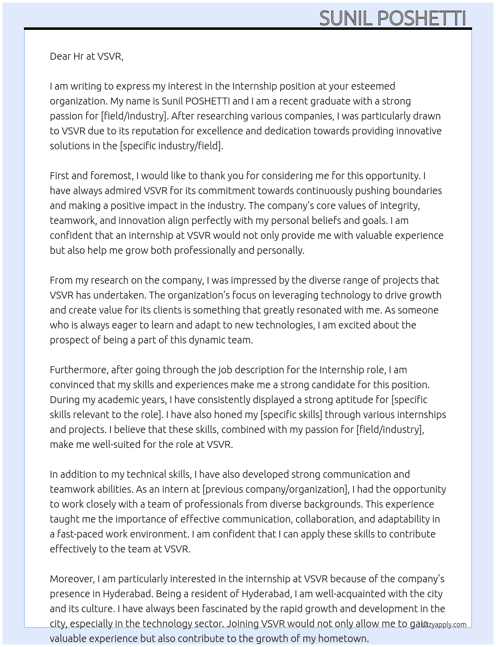 Internship At VSVR Cover Letter