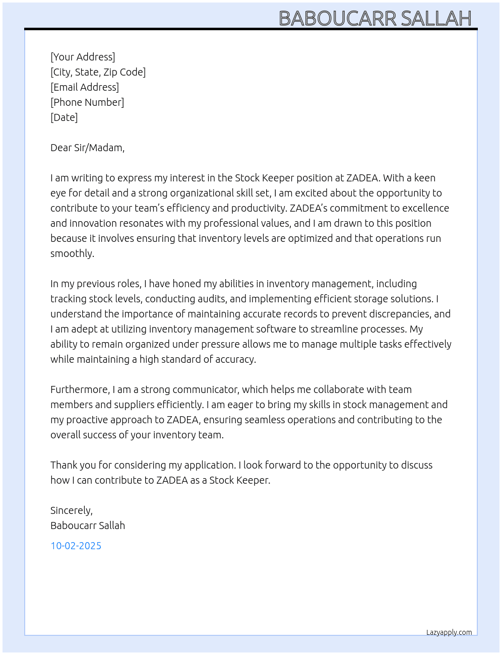 Stock keeper  At ZADEA Cover Letter