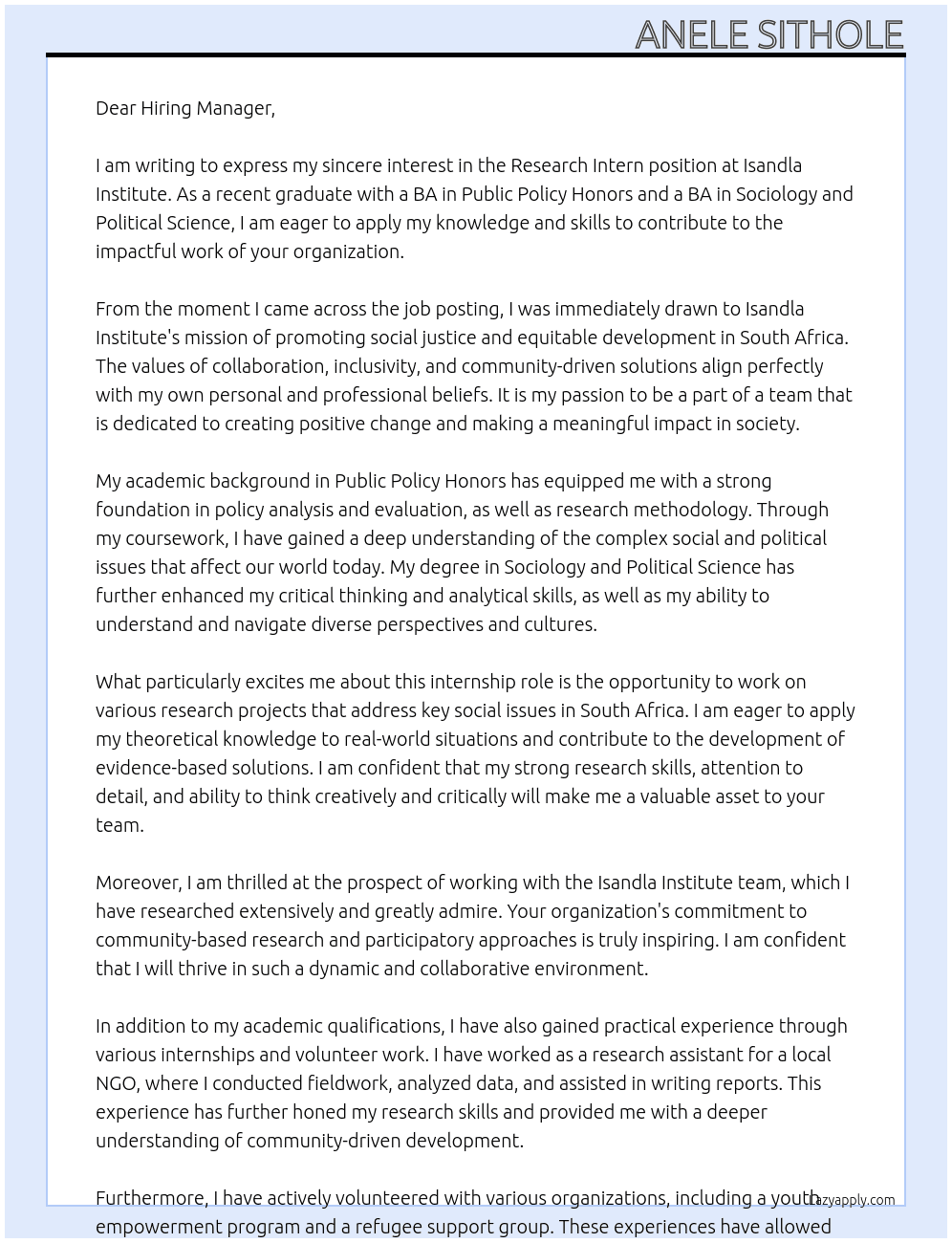 research intern At Isandla institute Cover Letter