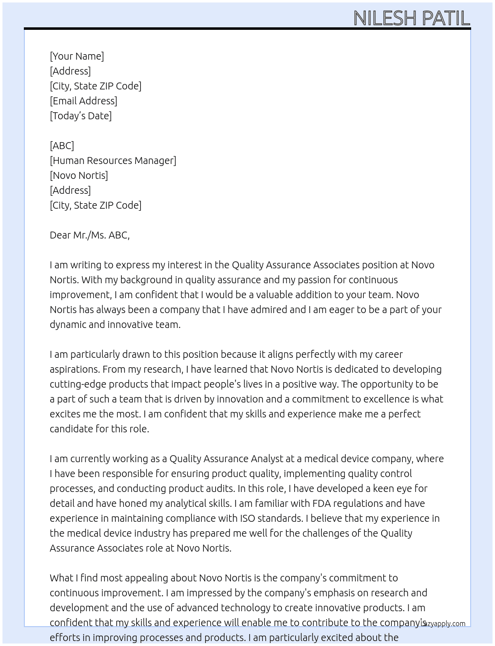Quality Assurance Associates At Novo Nortis Cover Letter