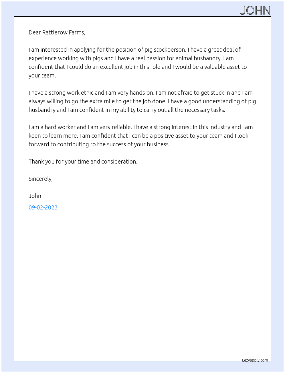 pig stockperson At Rattlerow Farms Cover Letter