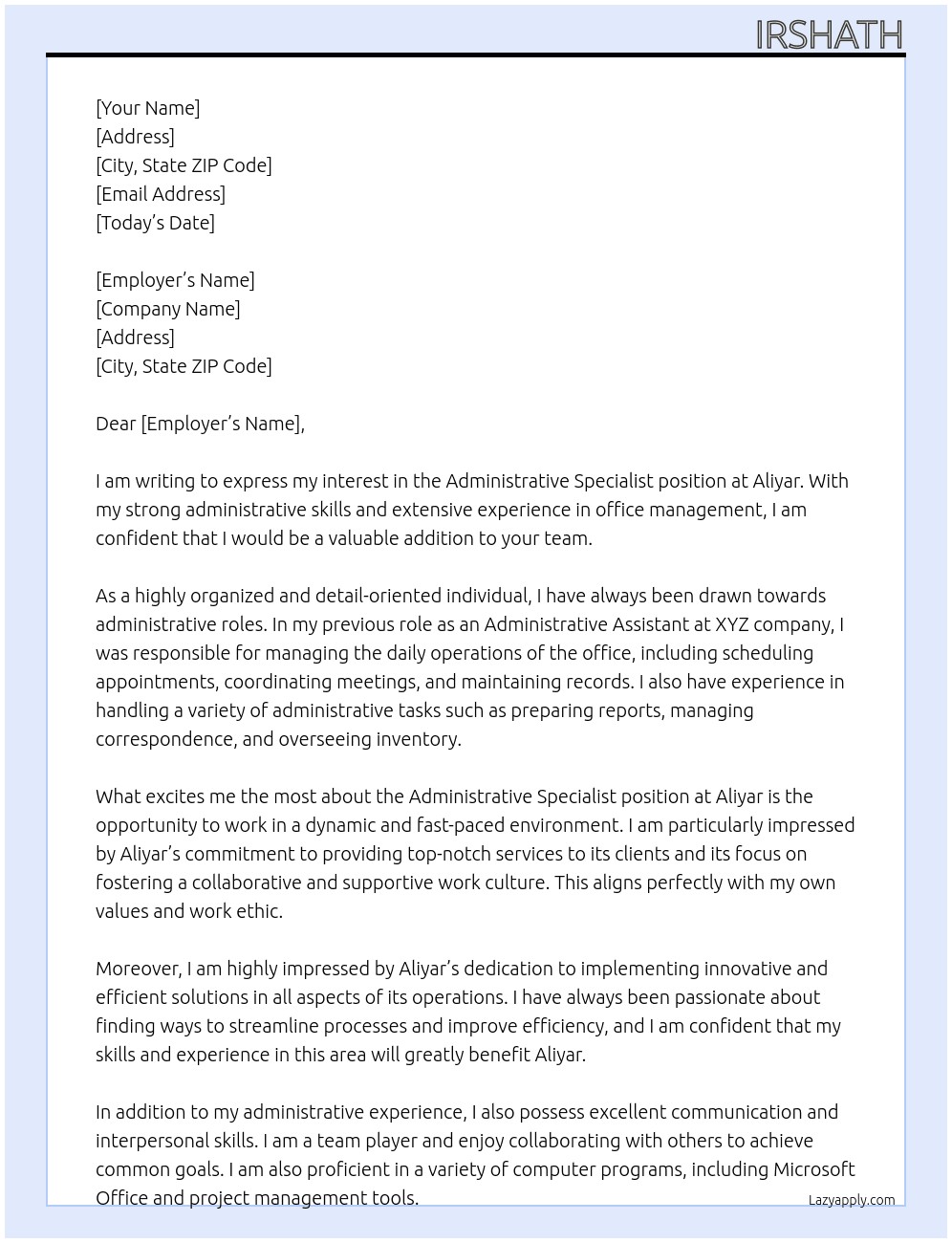 Administrative Specialist  At Aliyar Cover Letter