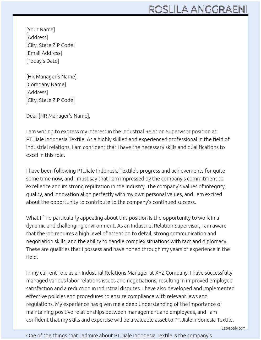 Industrial Relation Supervisor At PT.Jiale Indonesia Textile Cover Letter