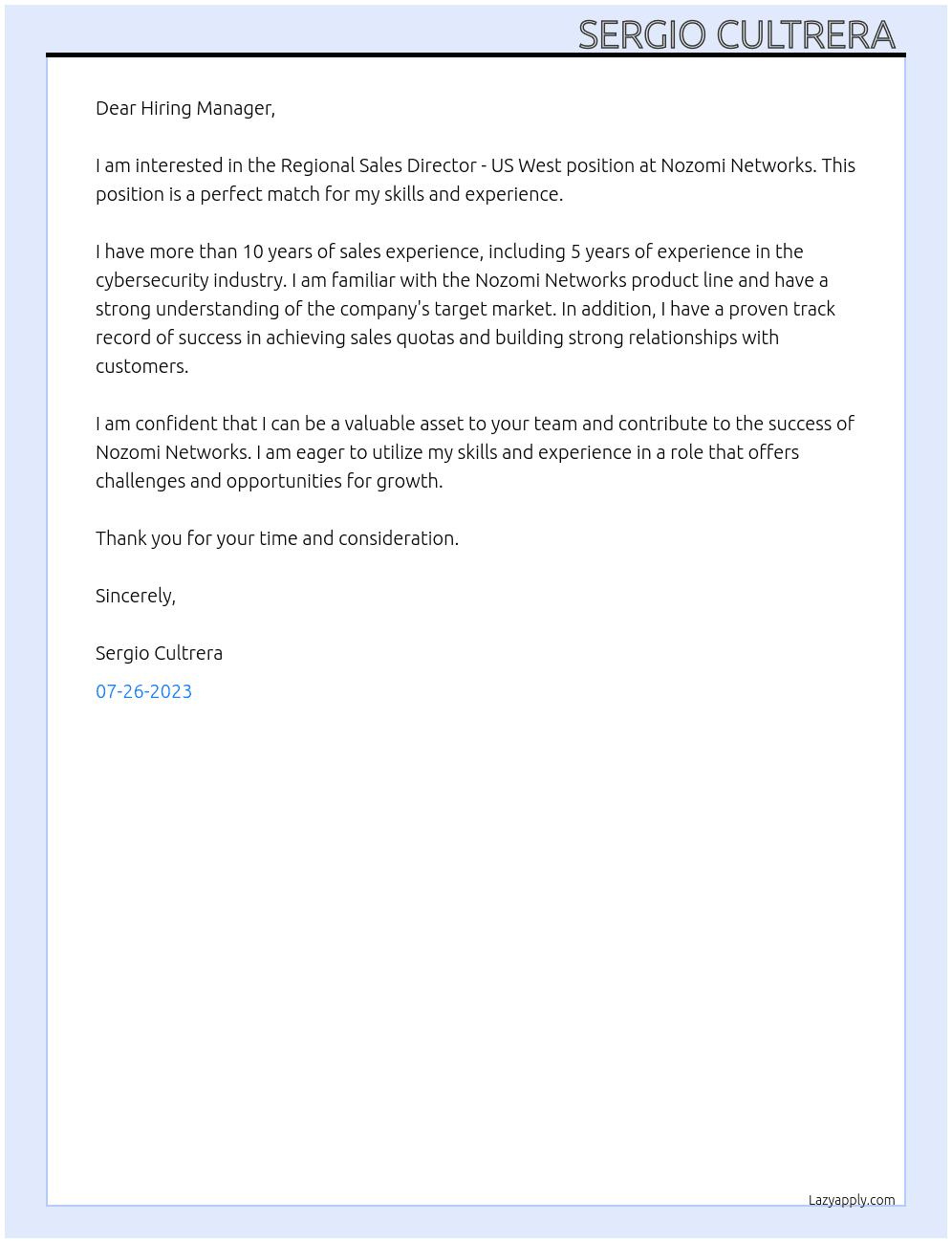 Regional Sales Director - US West At Nozomi Networks  Cover Letter