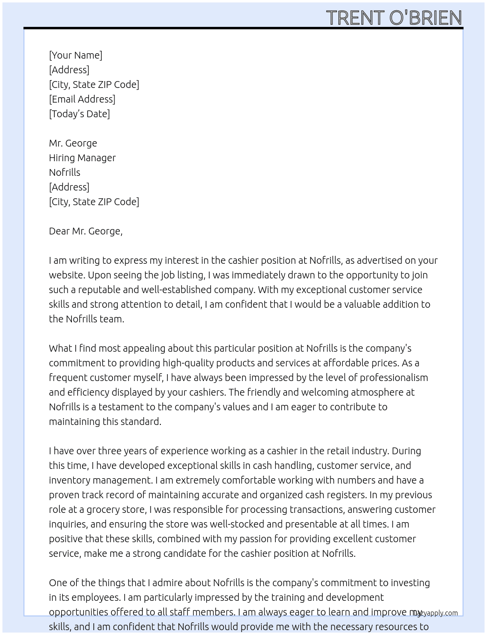 casheir At nofrills Cover Letter