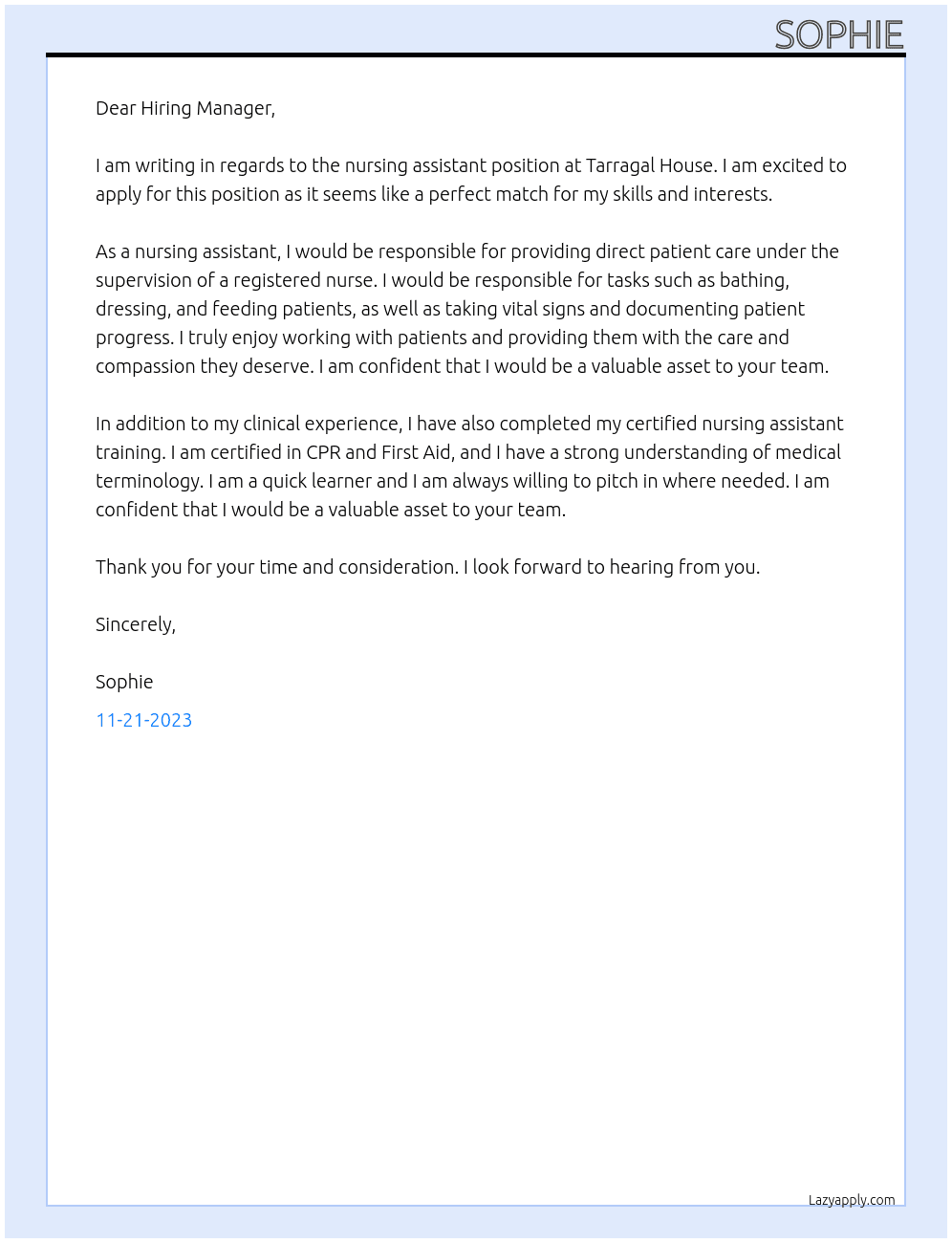 Nursing assistant  At Tarragal House Cover Letter