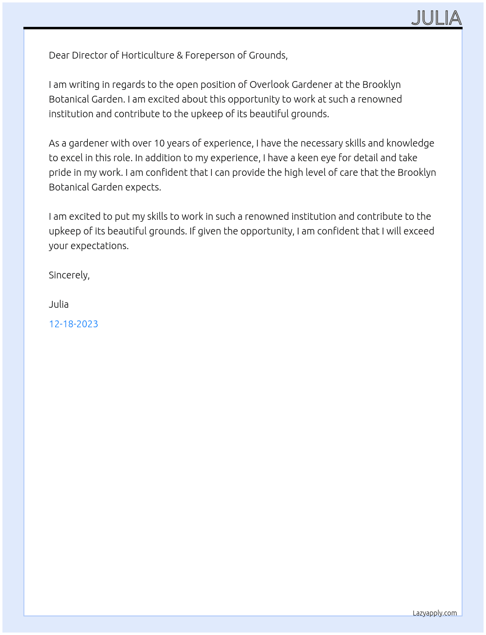 Overlook Gardener At Brooklyn Botanical Garden Cover Letter