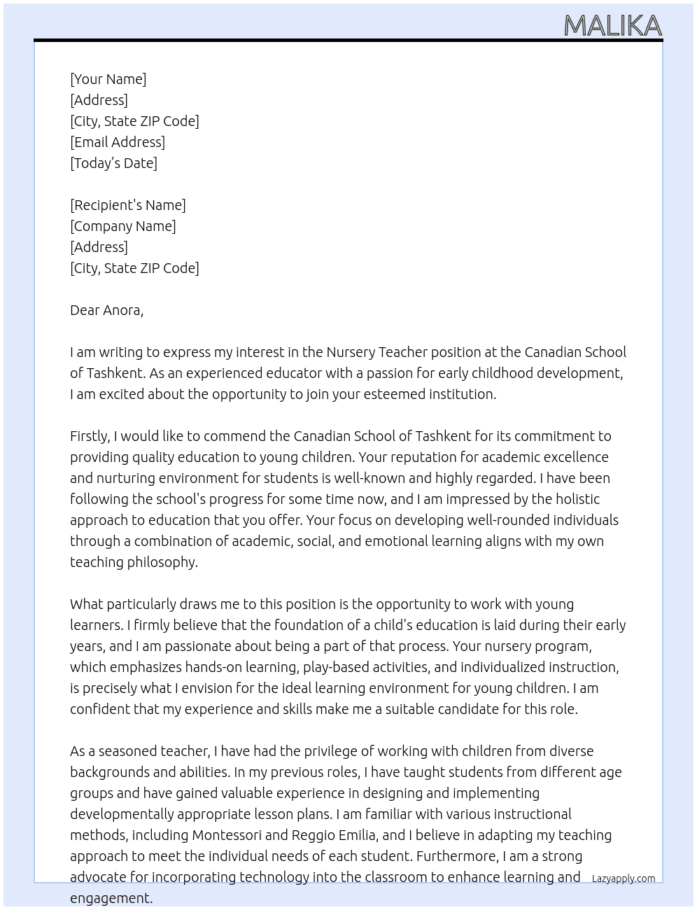 Nursery Teacher At Canadian school of Tashkent Cover Letter