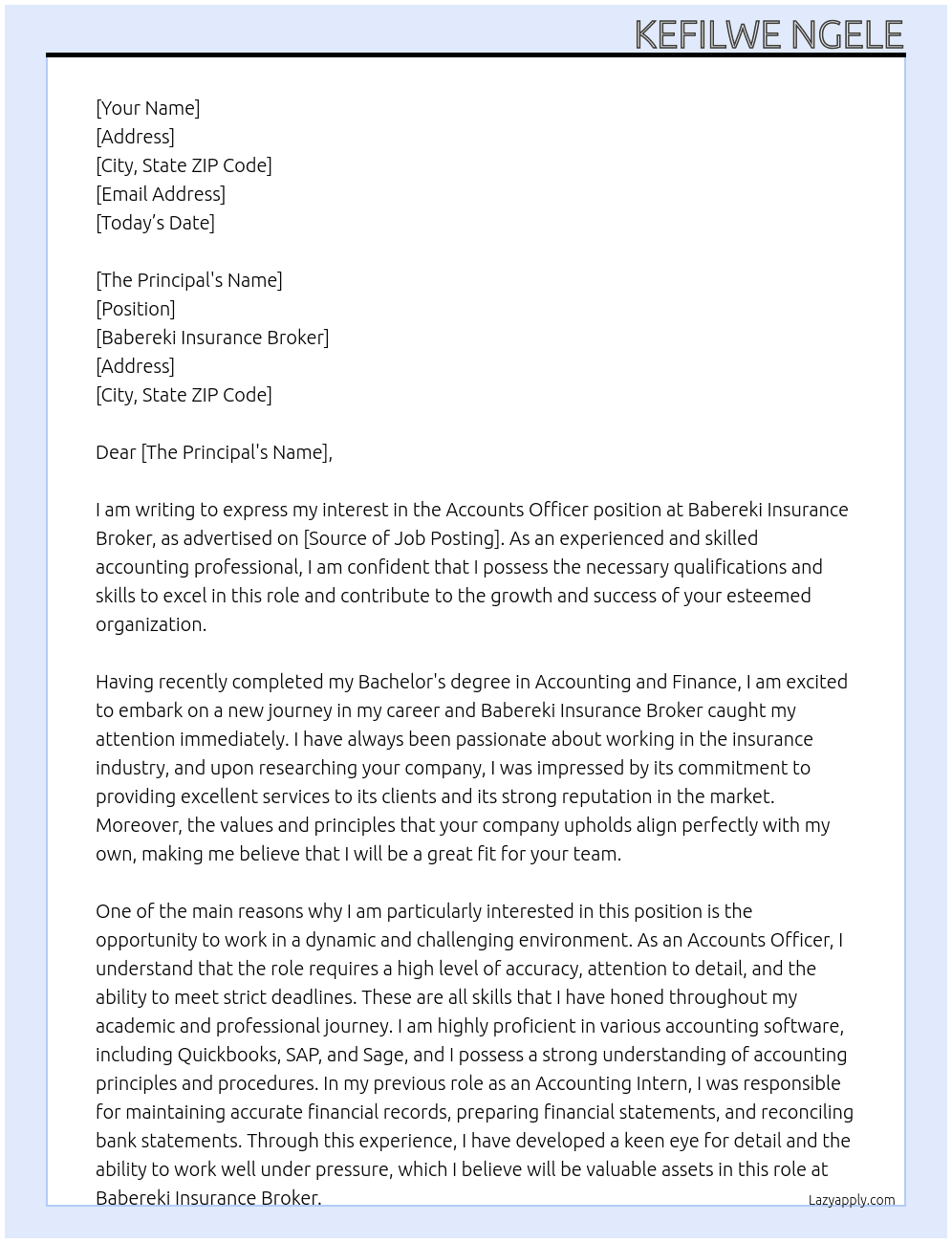 Accounts Officer At Babereki Insurance Broker Cover Letter