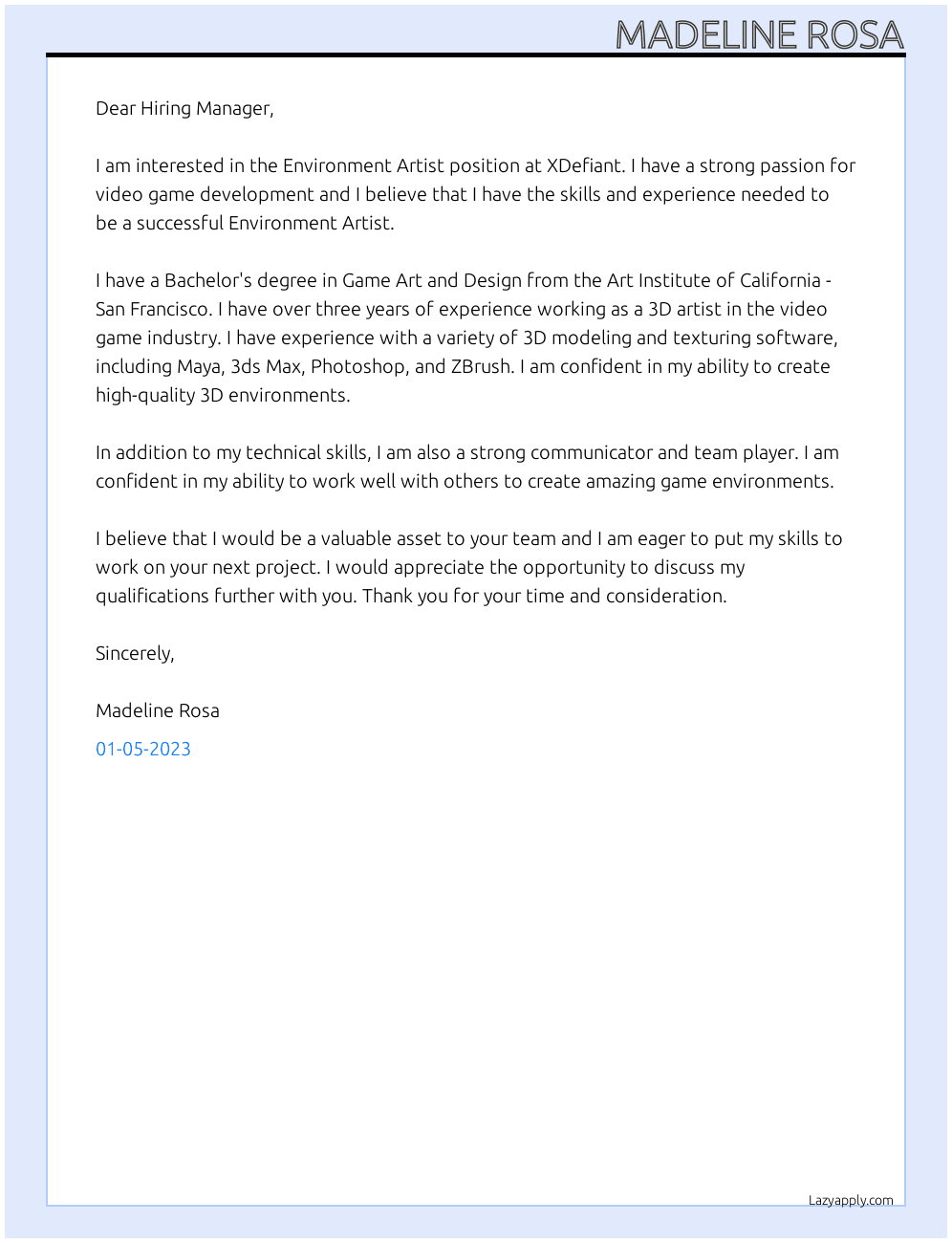 Environment Artist - XDefiant At Ubisoft Cover Letter