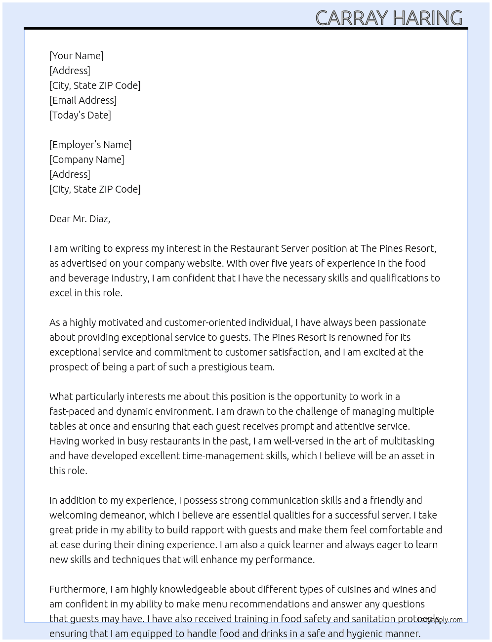 Restaurant Server At The Pines Resort  Cover Letter