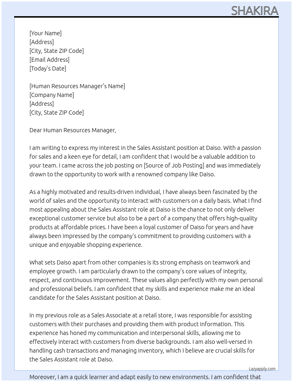 Sales Assistant At Daiso Cover Letter