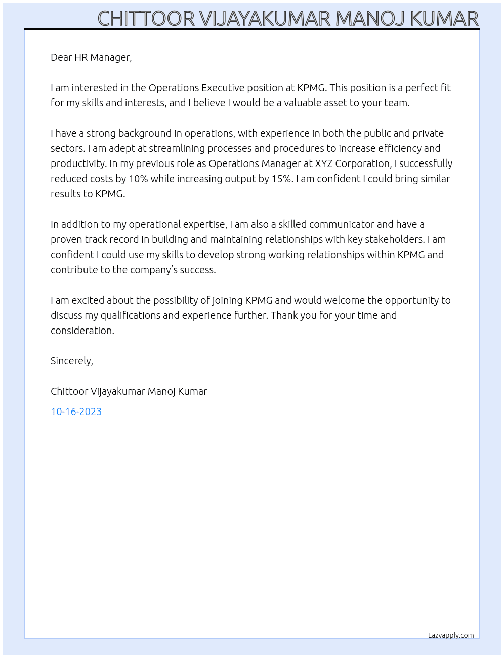 Operations Executive At KPMG Cover Letter
