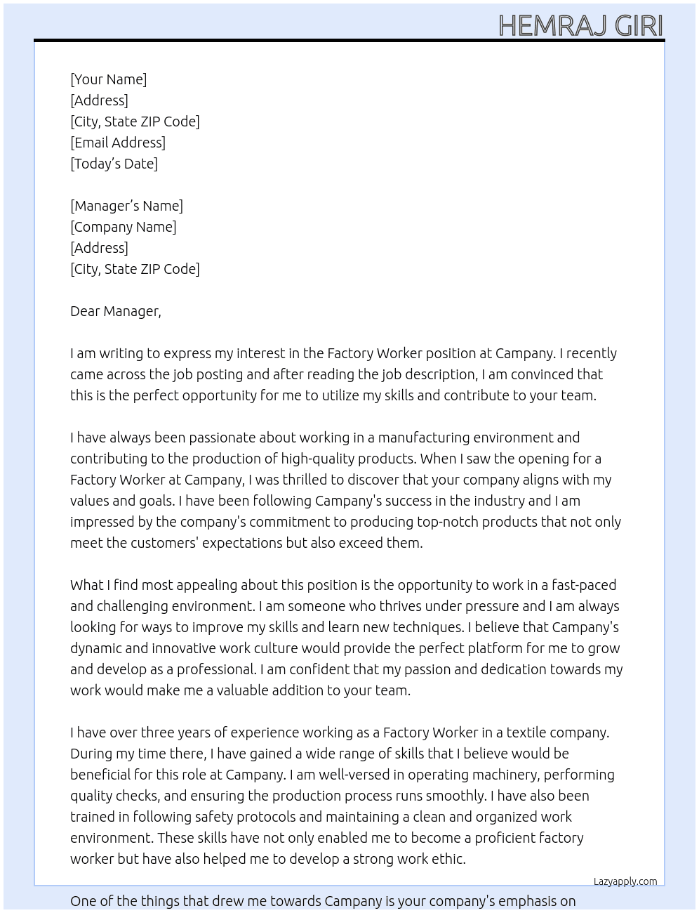 Factory worker At Campany  Cover Letter
