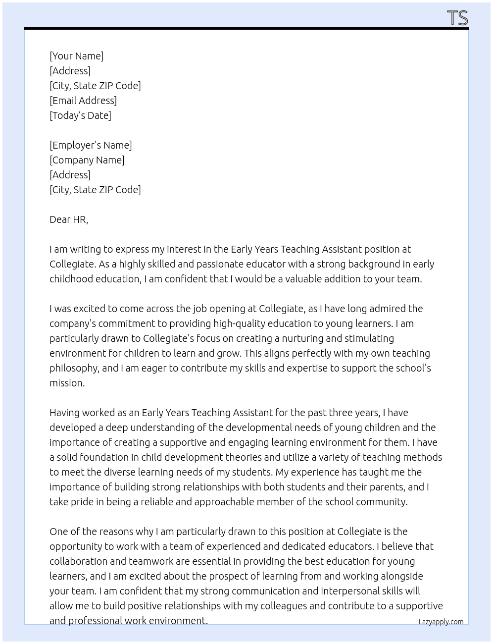 Early Years Teaching Assistant At Collegiate Cover Letter