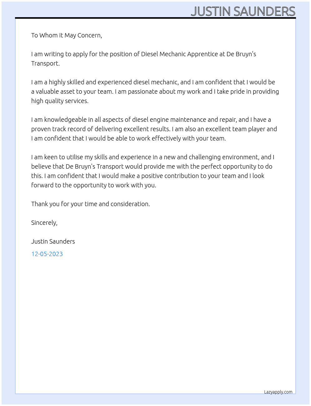 Diesel Mechanic Apprentice At De bruyn's Transport Cover Letter
