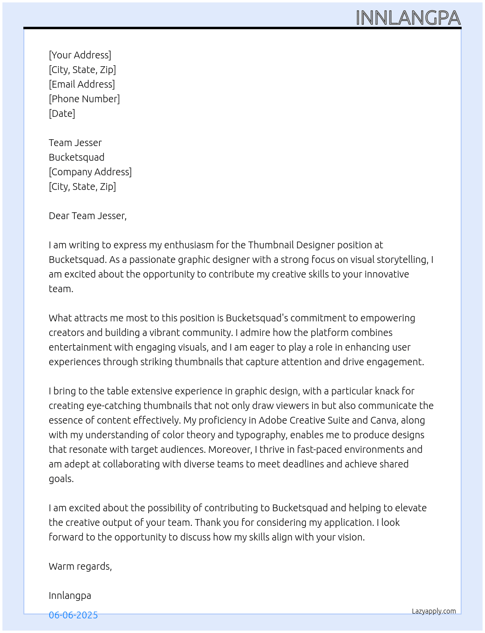 Thumbnail designer At Bucketsquad Cover Letter
