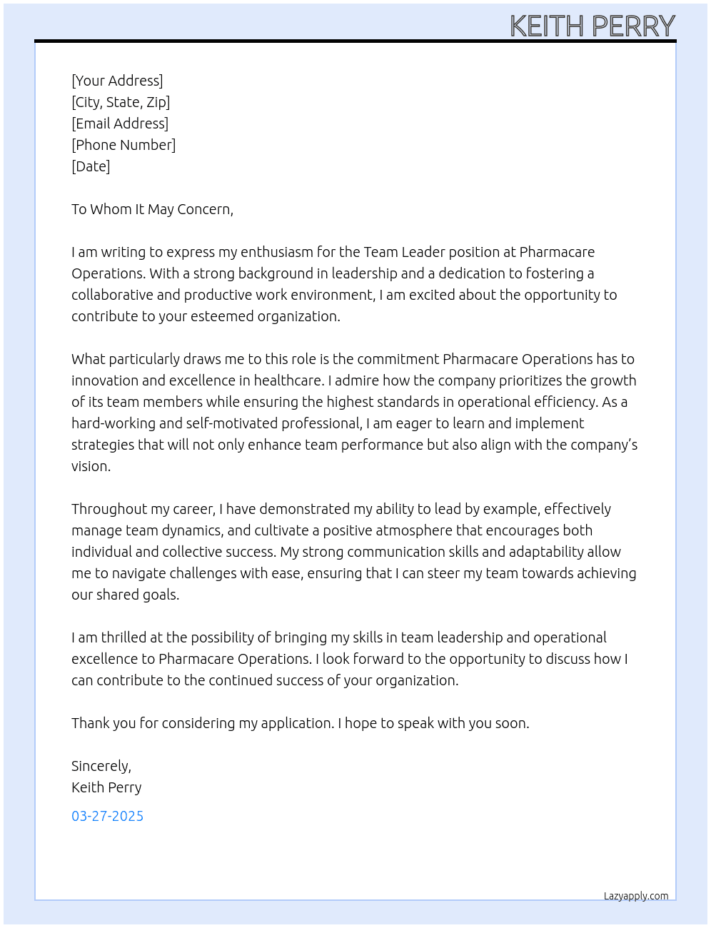 Team leader At Pharmacare operations Cover Letter