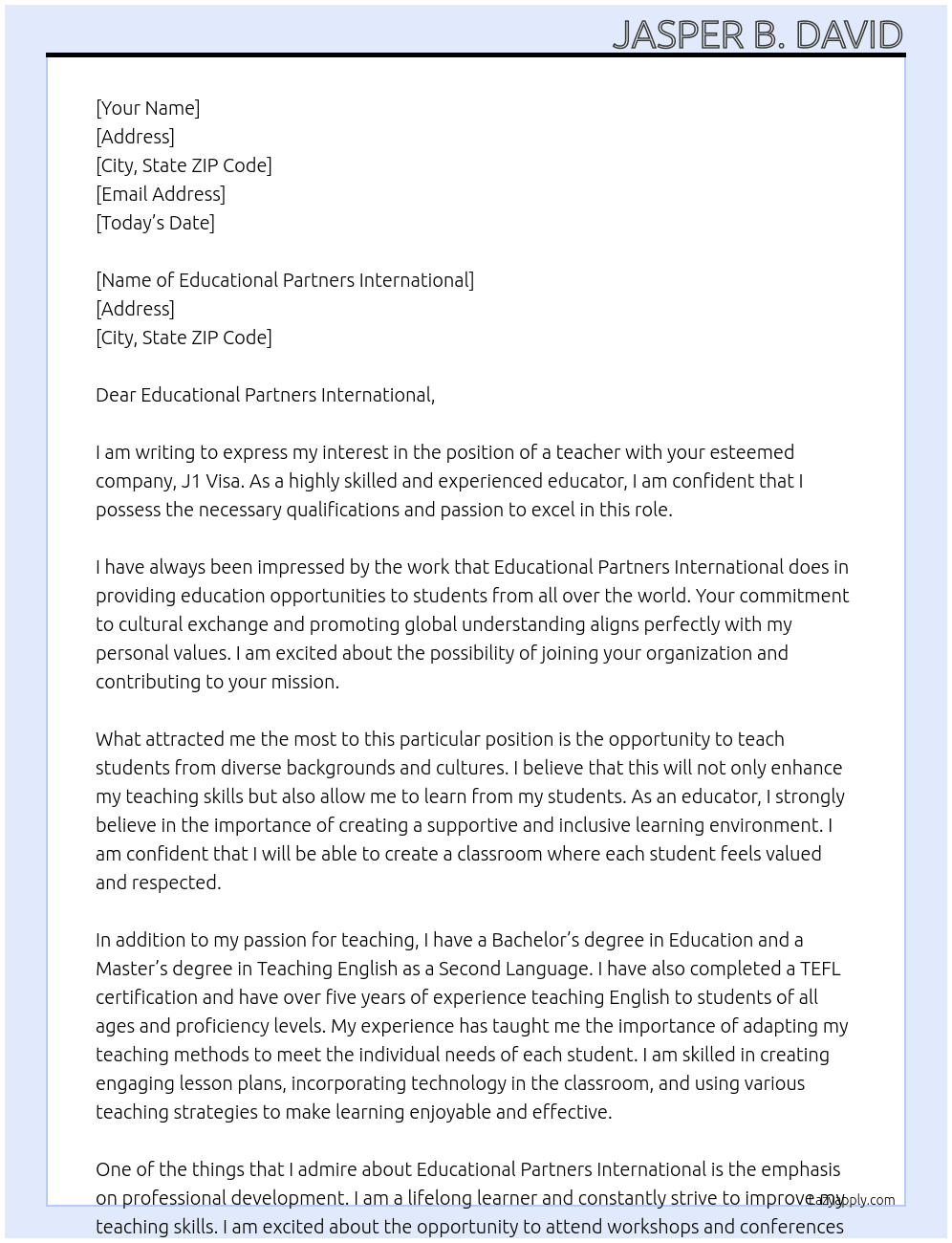 teacher At j1 visa Cover Letter