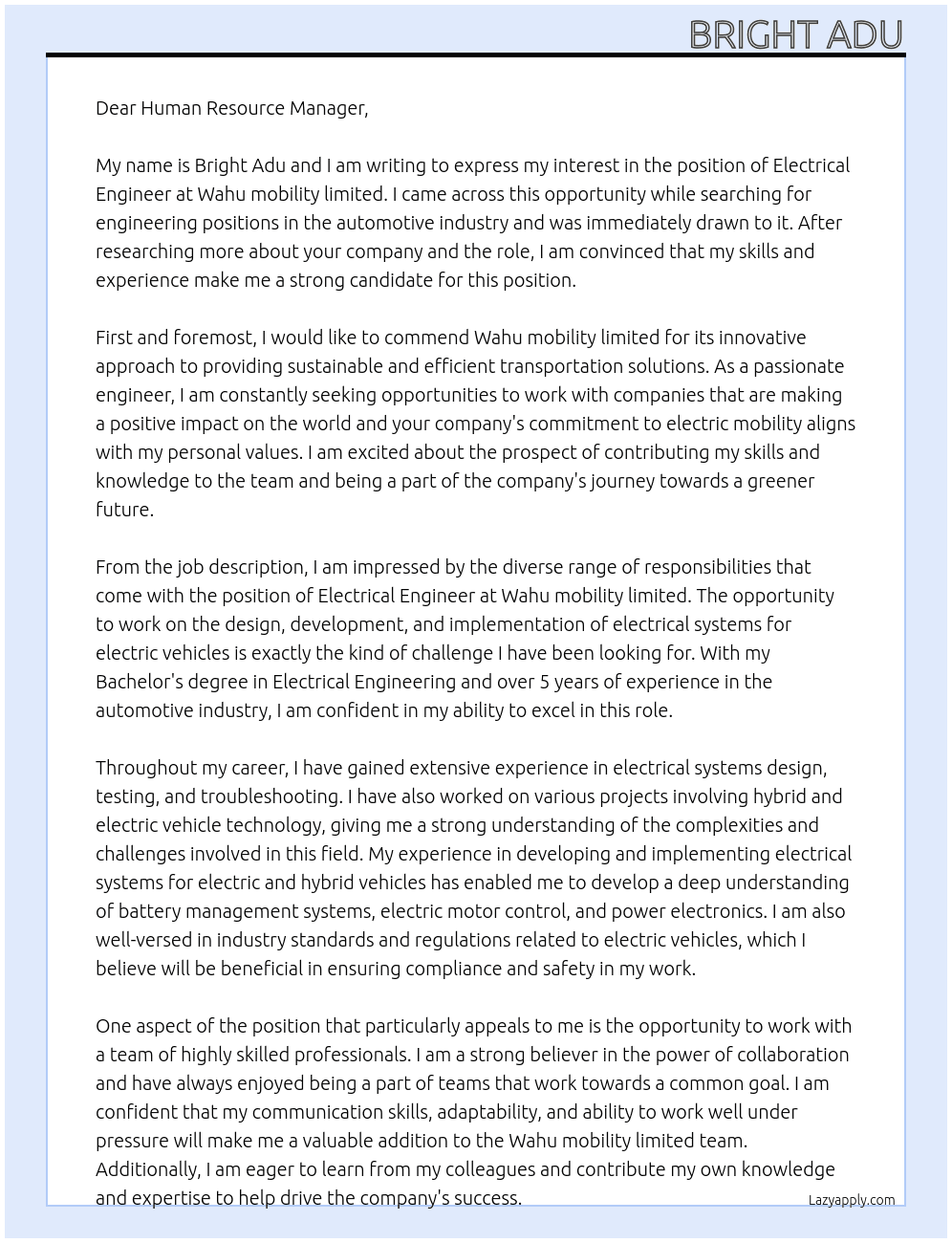 Electrical Engineer  At Wahu mobility limited  Cover Letter