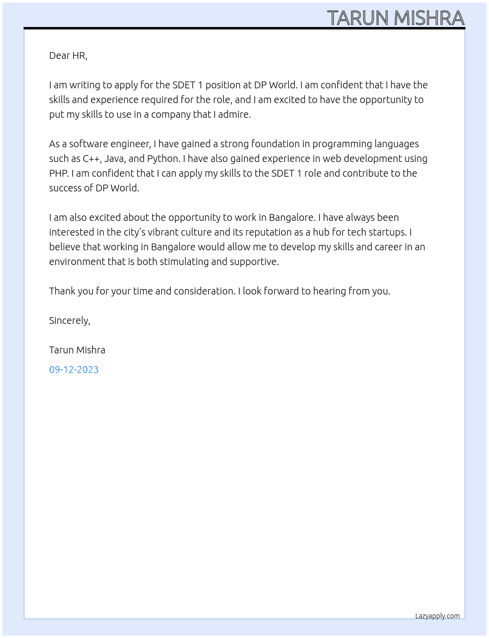 SDET 1 At DP WORLD Cover Letter