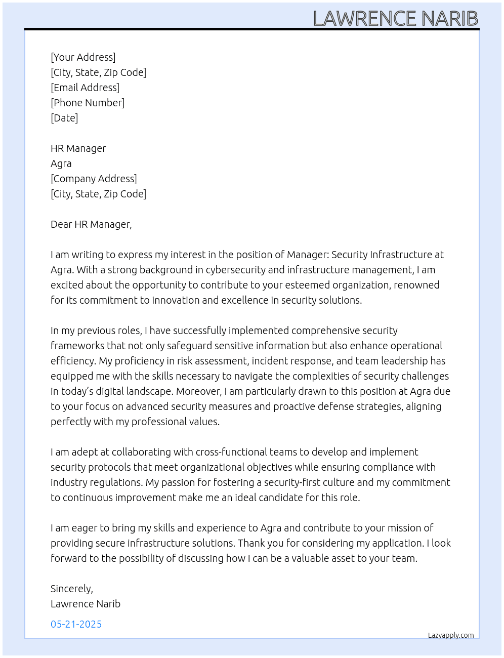 Manager: Security Infrastructure At agra Cover Letter