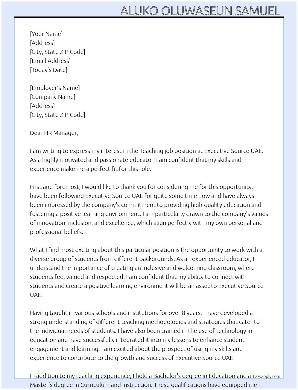 Teaching job  At Executive Source UAE Cover Letter