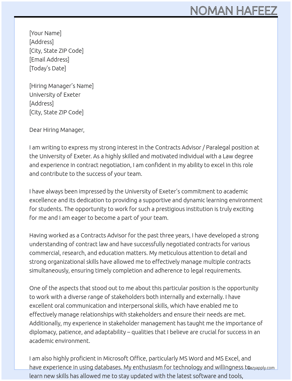 Contracts Advisor / Paralegal At University of Exeter Cover Letter