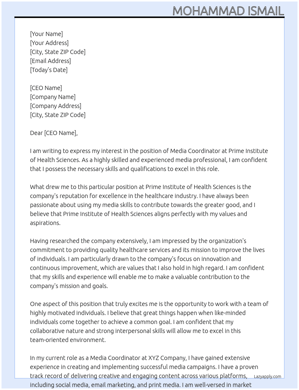 Media Coordinator At Prime Institute of Health Sciences  Cover Letter