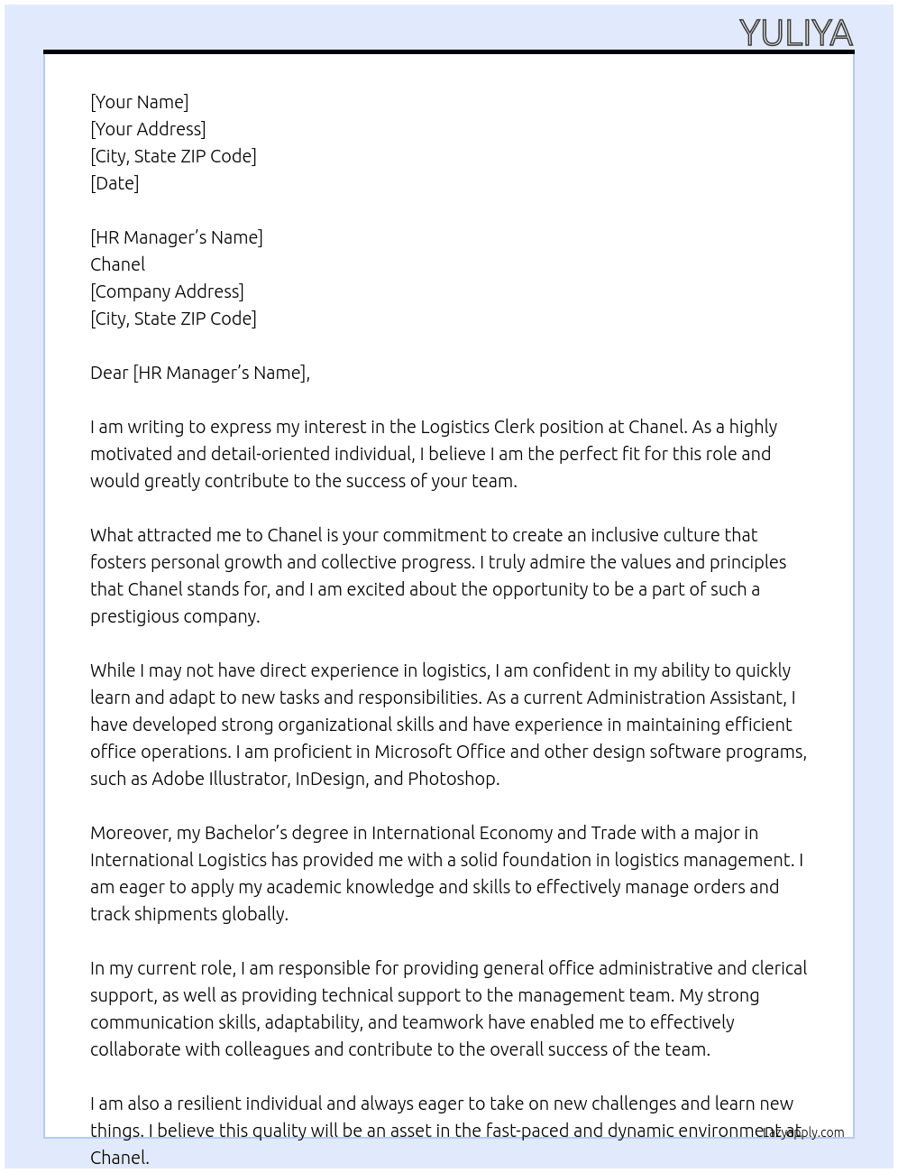 Logistics Clerk At Chanel Cover Letter