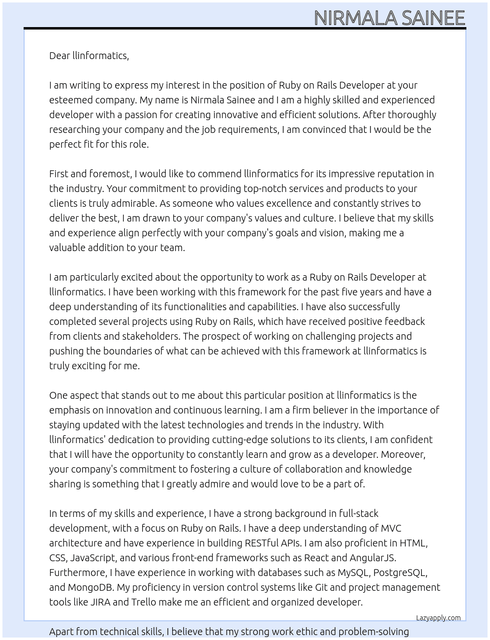 Ruby on Rails Developer At llinformatics Cover Letter