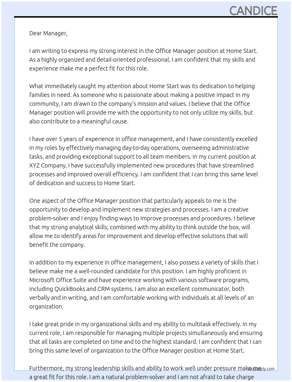 Office manager At Home start Cover Letter