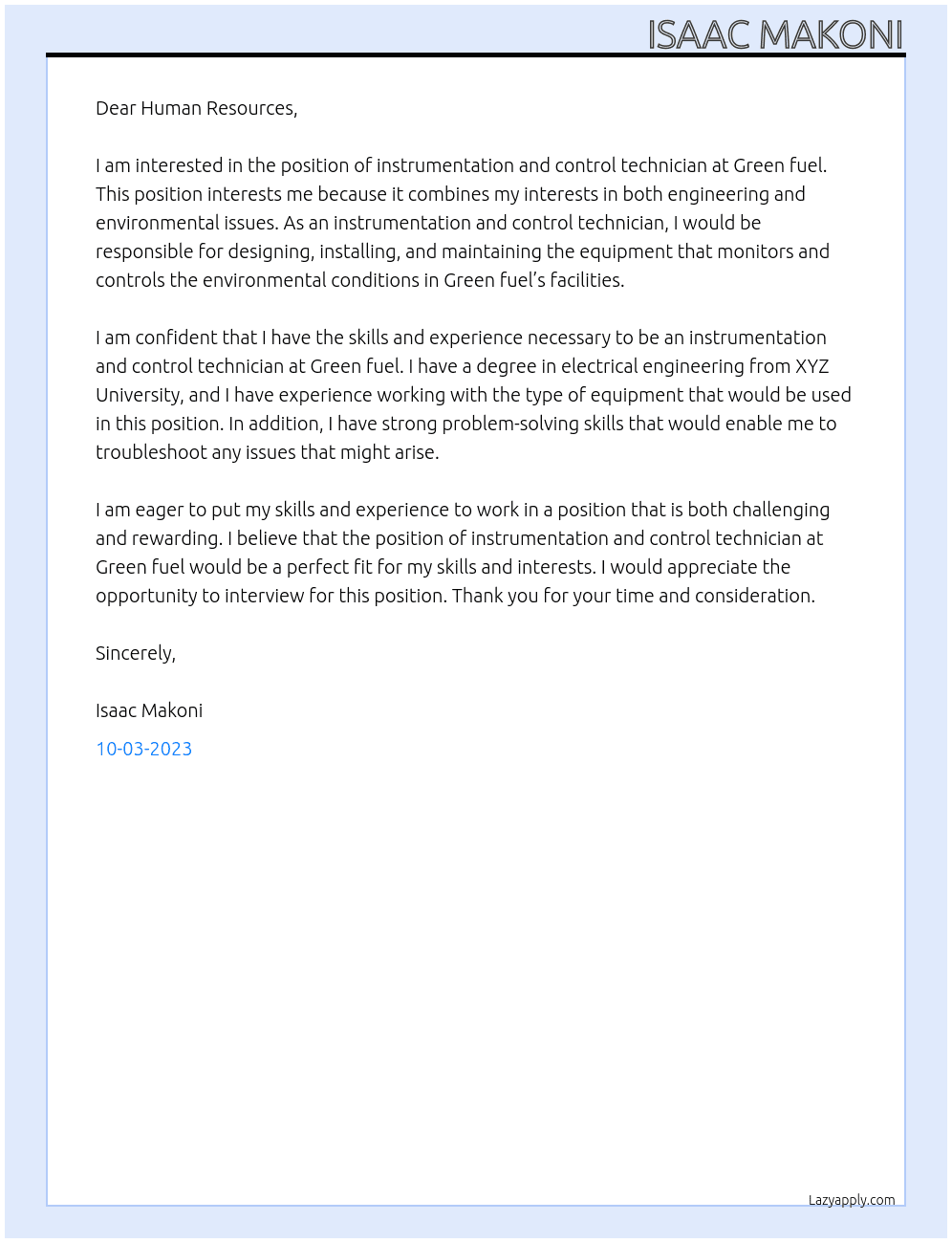 intsrumentation  and control technician  At Green fuel Cover Letter