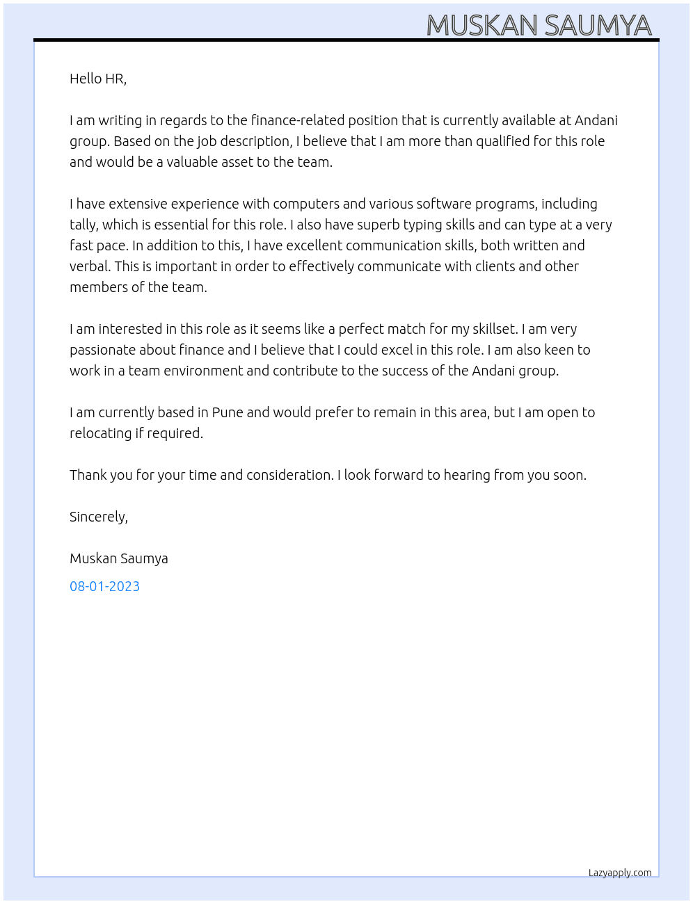 Finance related  At Andani group  Cover Letter