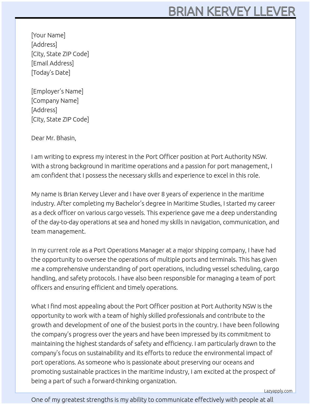 Port officer At Port Authority NSW Cover Letter