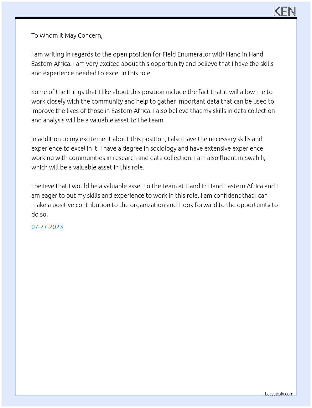 APPLICATION FOR THE POSITION OF FIELD ENUMERATOR At HAND IN HAND EASTERN AFRICA Cover Letter