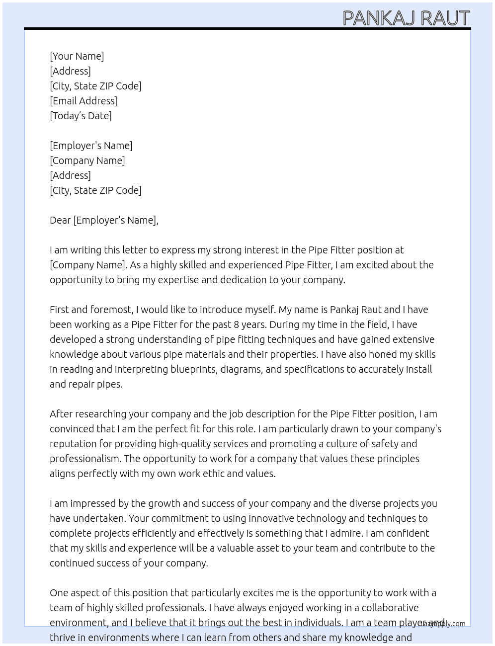 Pipe Fitter At HR Cover Letter
