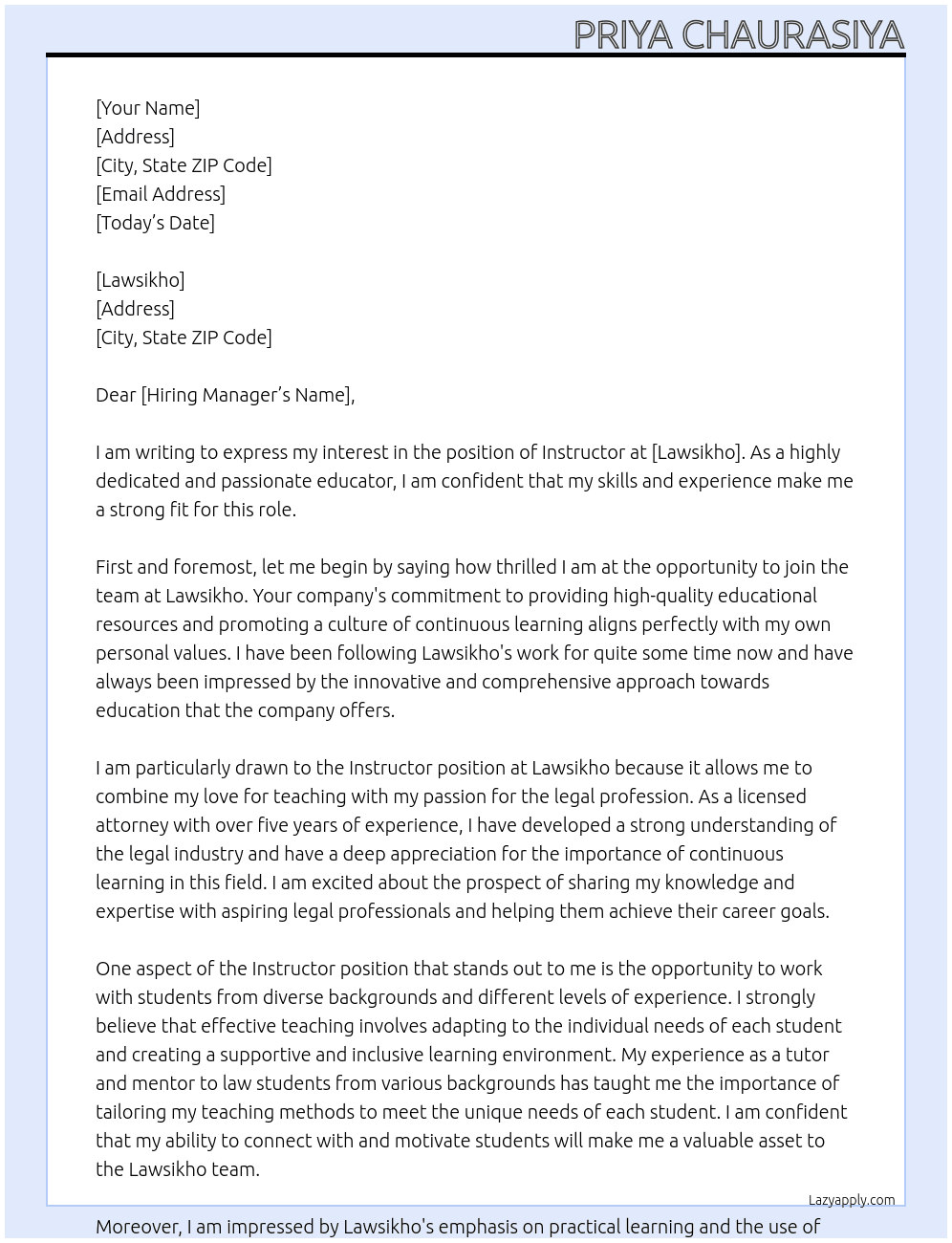 Instructor At Lawsikho Cover Letter