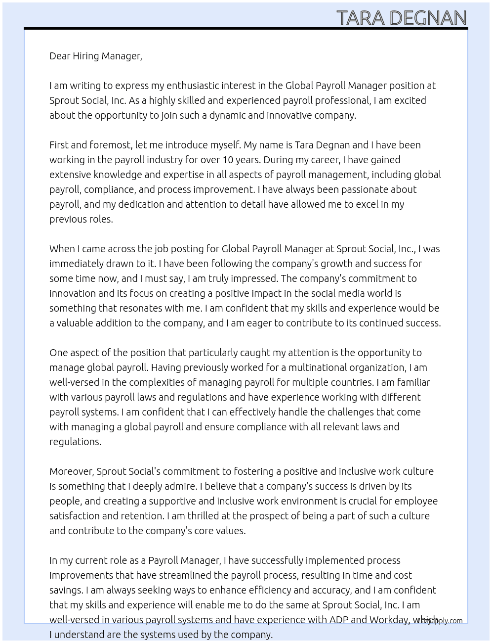 Global Payroll Manager At Sprout Social, Inc. Cover Letter