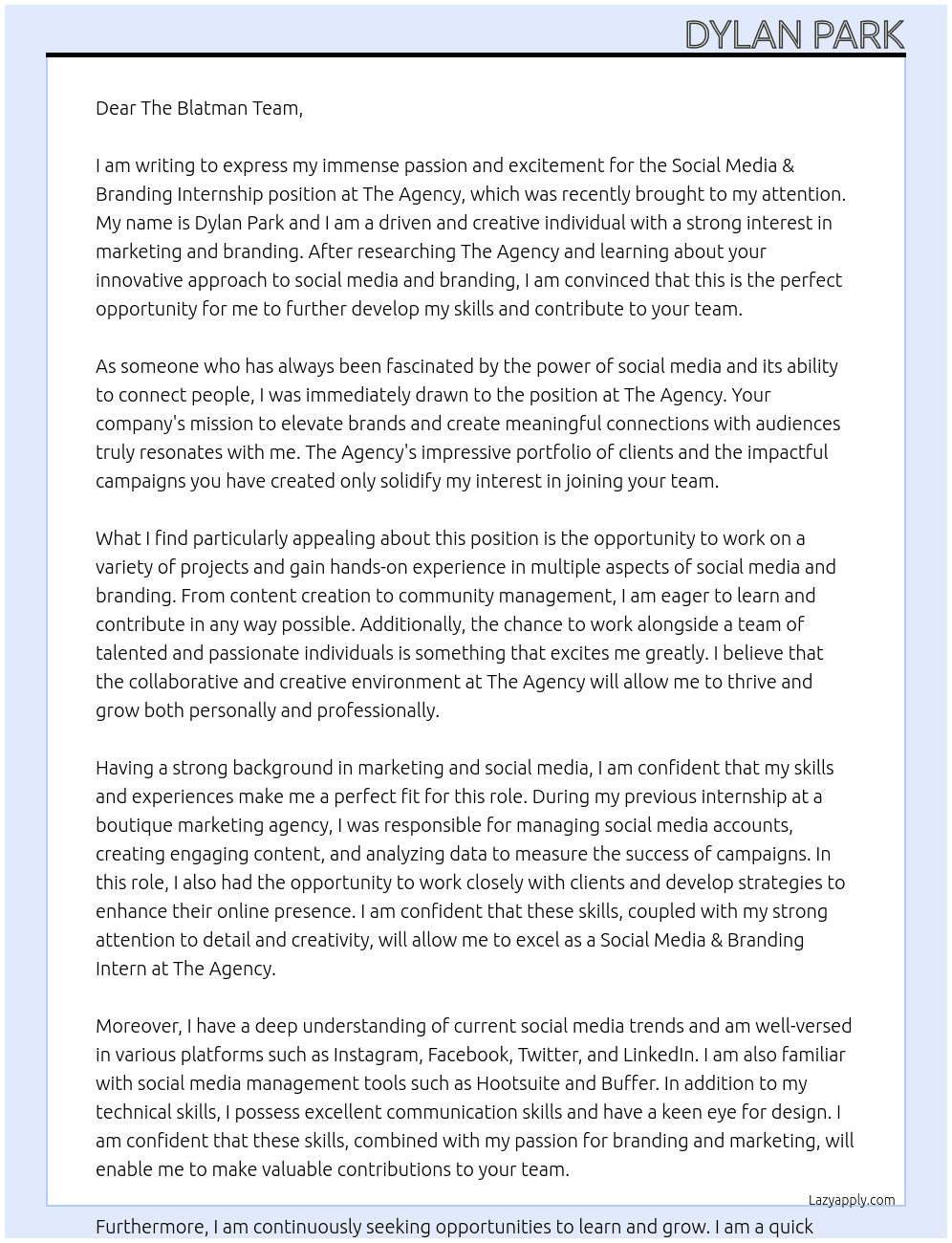 Social Media & Branding Internship At The Agency Cover Letter