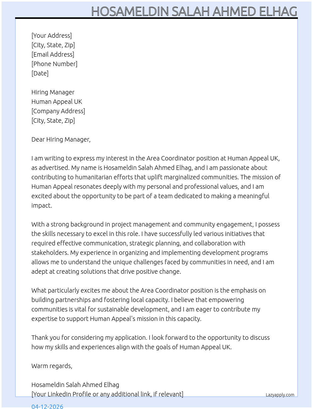 Area Coordinator At Human Appeal UK Cover Letter