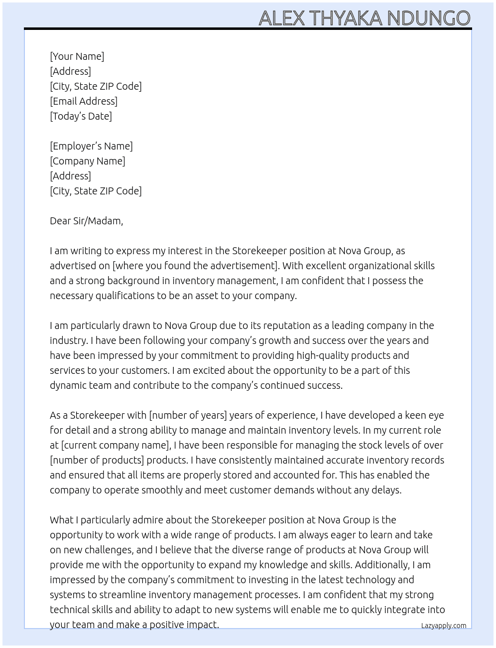 storekeeper At NOVA GROUP Cover Letter