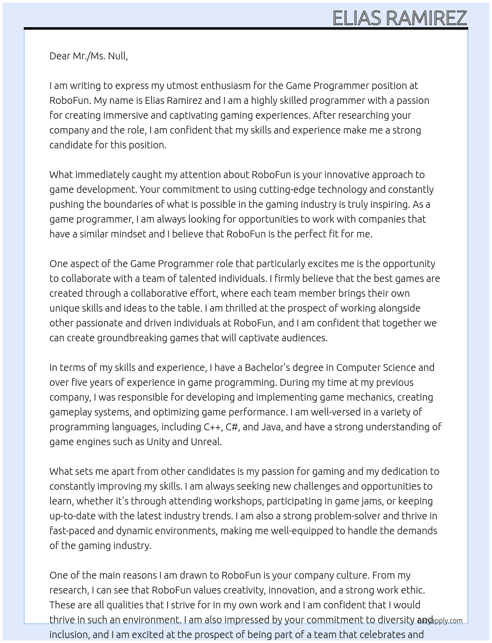 Game Programmer At RoboFun Cover Letter