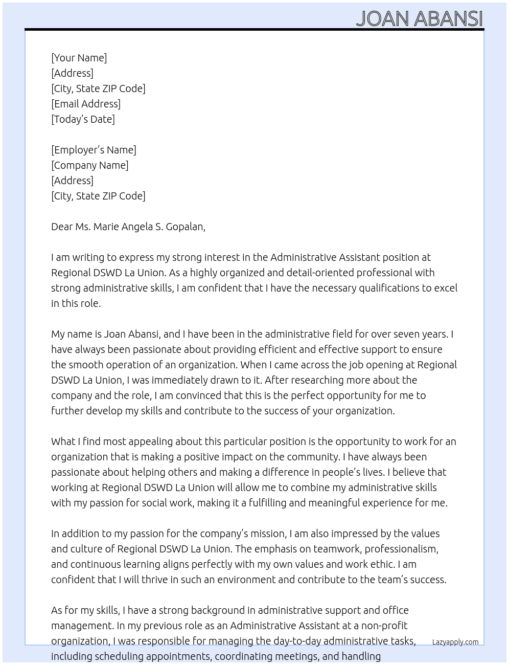 administrative asisstant  At regional dswd la union  Cover Letter