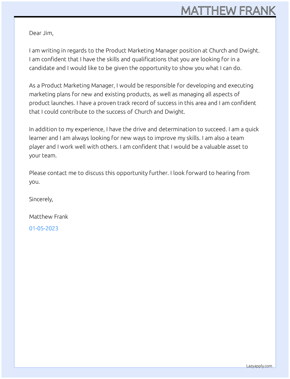 Product Marketing Manager At Church and Dwight Cover Letter