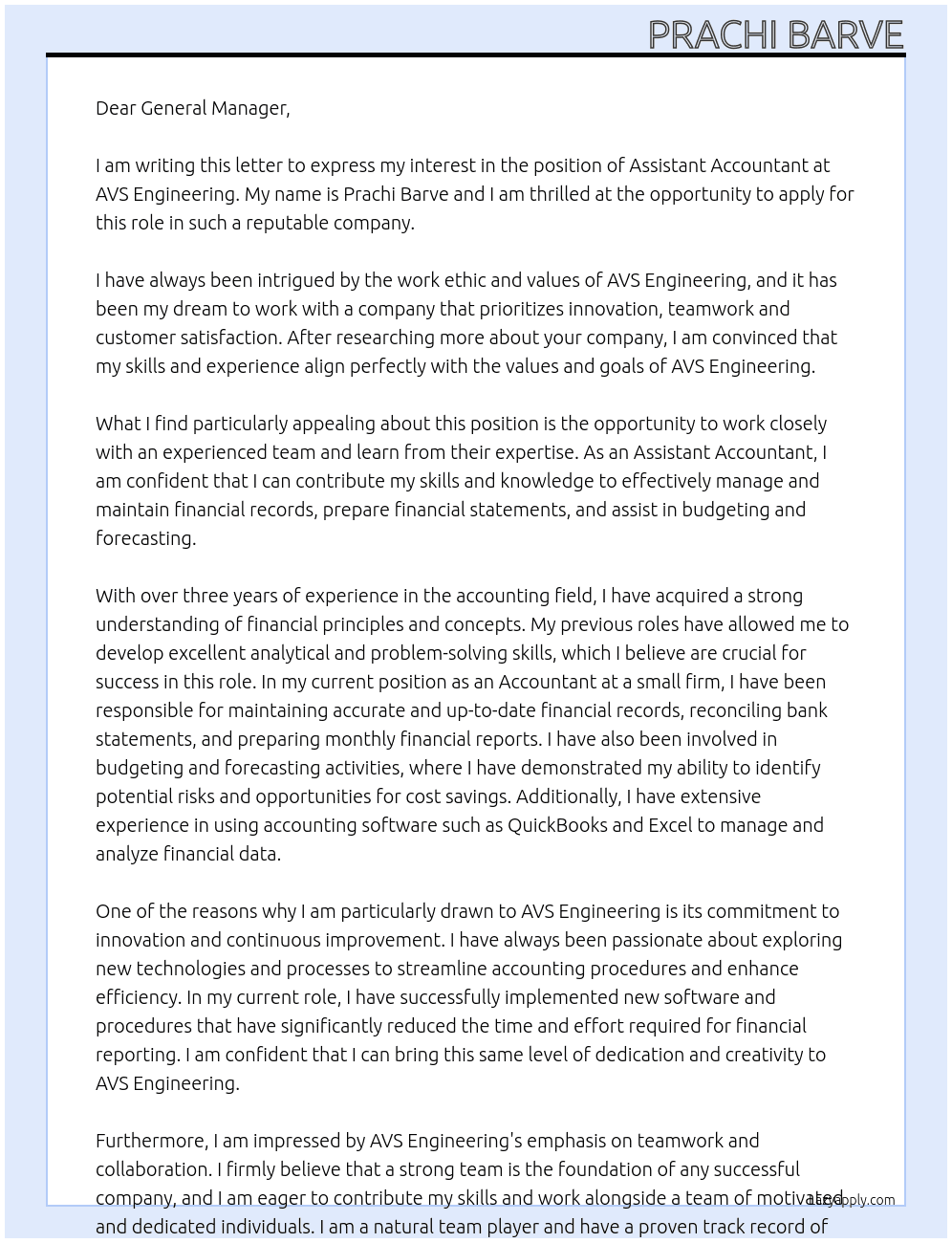 Assistant Accountant At AVS Engineering Cover Letter