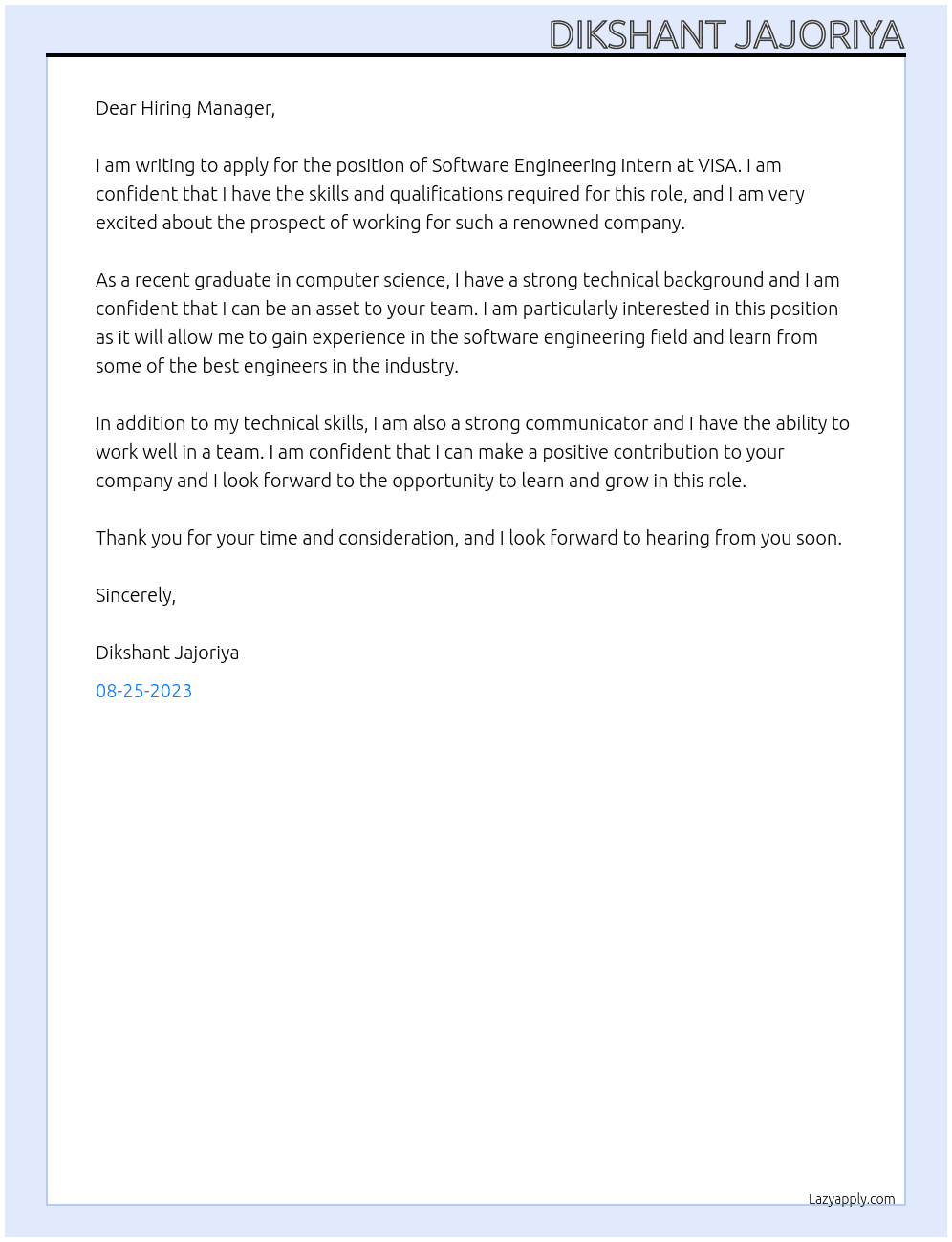 Software Engineering Intern At VISA Cover Letter